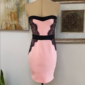 Pink Strapless Lulu’s Dress with Black Lace Accent